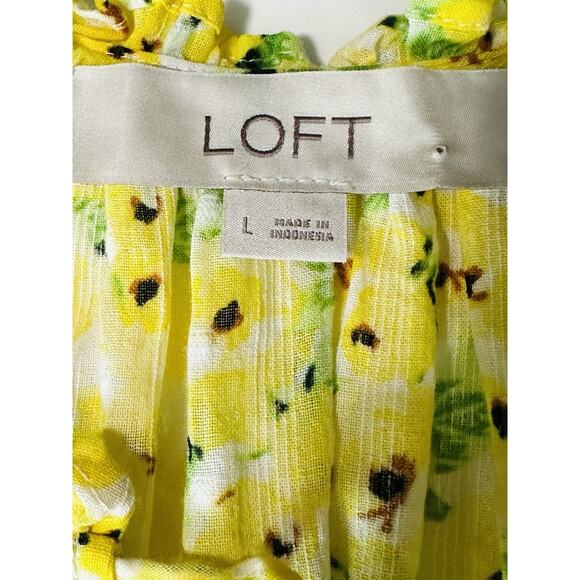 LOFT Yellow Floral Clip Tie Neck Blouse Ruffle Flowy Boho Large Peasant - Picture 9 of 14